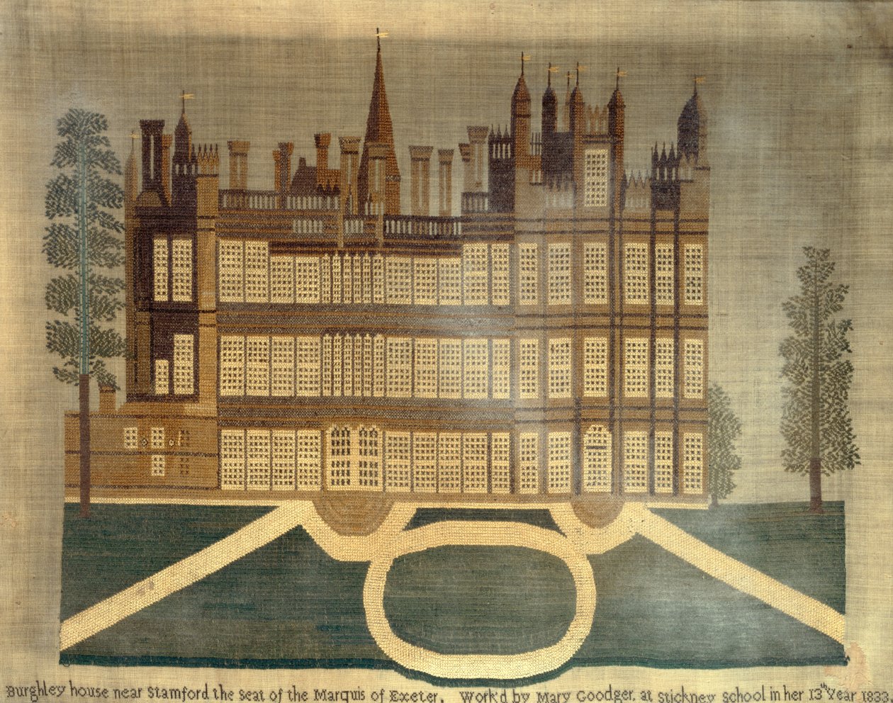 Burghley House k. Stamford, 1833 (haft krzyżykowy na płótnie) autorstwa English School