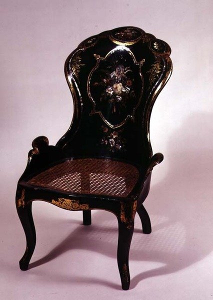 Krzesło z dzielonym siedziskiem z trzciny i dekoracją z masy perłowej, ok. 1840-50 (papier mache) autorstwa English School