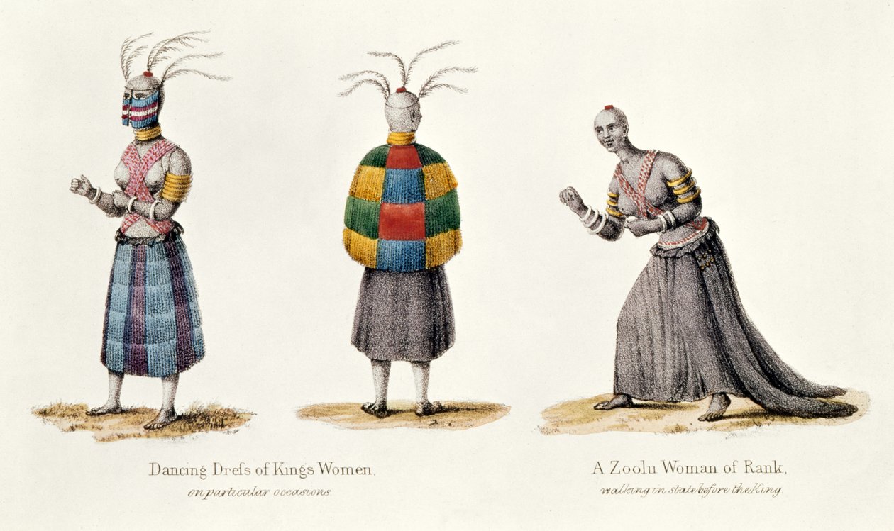 Tańcząca sukienka kobiet królów i rangi Zulusów, ilustracja z Narracji o podróży do kraju Zulusów autorstwa A.F. Gardinera, 1836 autorstwa English School