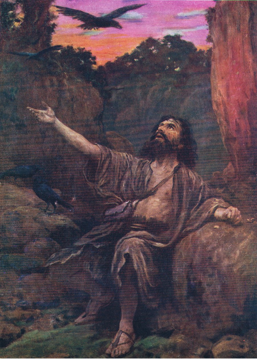 Eliasz i kruki, z The Bible Picture Book, wydanej przez Thomas Nelson, ok. 1950 r. autorstwa English School