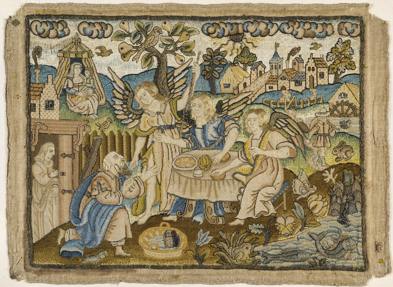 Obraz haftowany: Abraham bawiący aniołów, 2 poł. XVII w. (jedwab i nici metalowe na płótnie) autorstwa English School