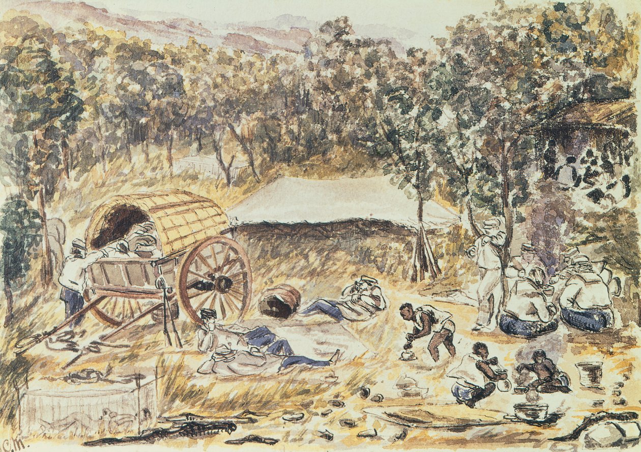 Wieczorny postój w podróży w poszukiwaniu drogi do przewozu Lady Nyasy z wodospadu do jeziora, ok. 1863 (wc na papierze) autorstwa English School