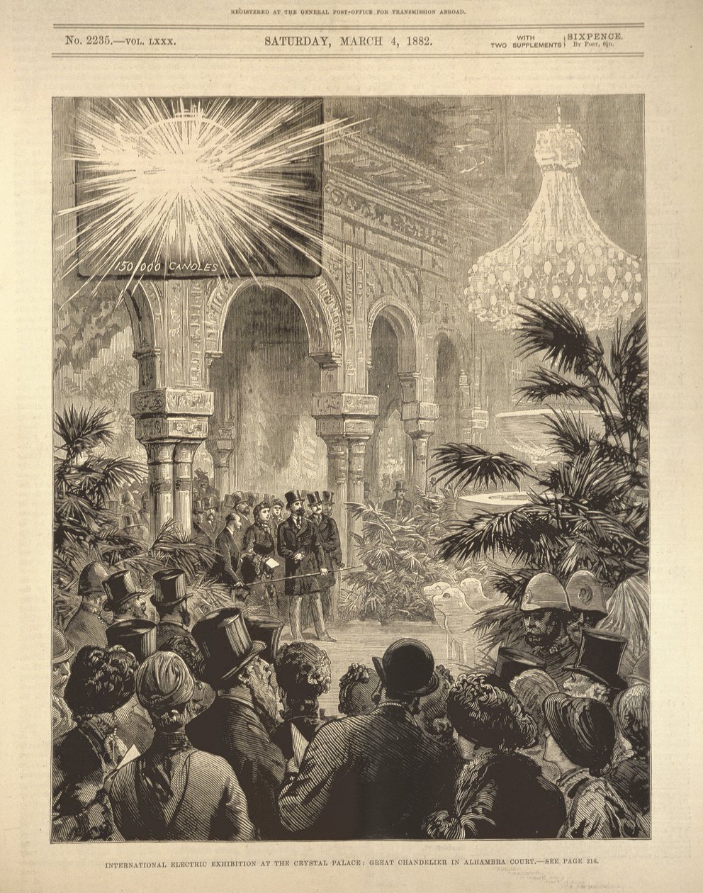 Międzynarodowa wystawa elektryczna w Crystal Palace: Wielki żyrandol w Alhambra Court, z The Illustrated London News, 4 marca 1882 autorstwa English School