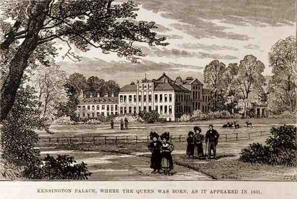 Pałac Kensington, w którym urodziła się królowa, jak wyglądał w 1831 roku, z The Illustrated London News, 19 czerwca 1886 autorstwa English School