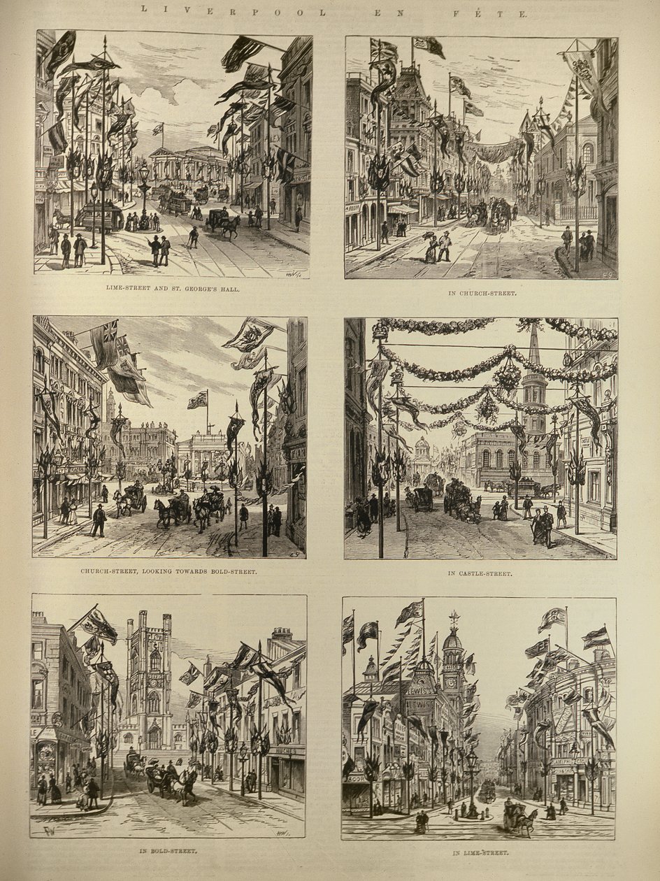 Liverpool en Fete: Lime Street i St. Georges Hall; Kościelna Ulica; Ulica Zamkowa; Bold Street, z The Illustrated London News, 15 maja 1886 r. autorstwa English School