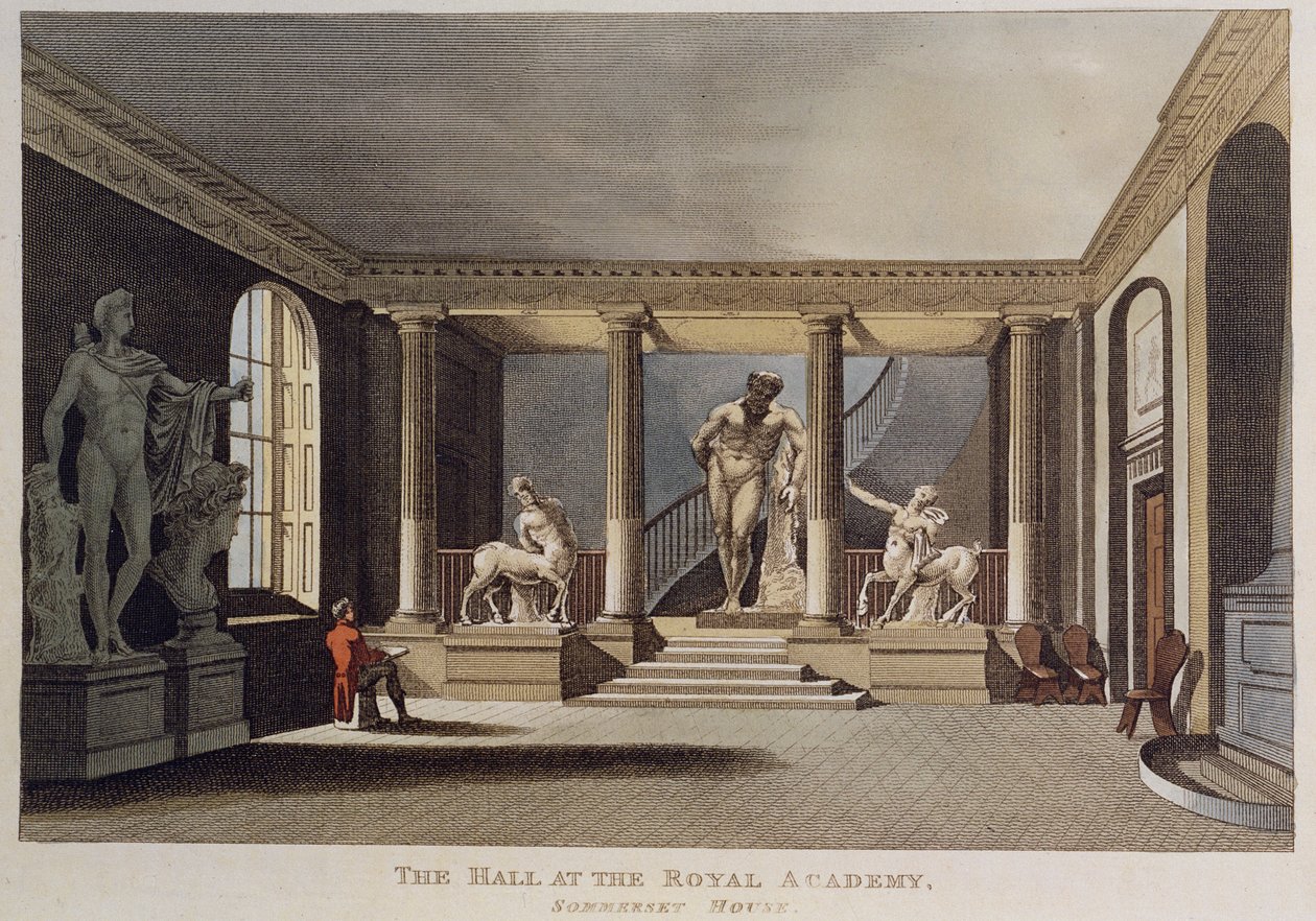 Mężczyzna rysujący rzeźbę w holu Królewskiej Akademii Sztuk w Somerset House, 1810 autorstwa English School