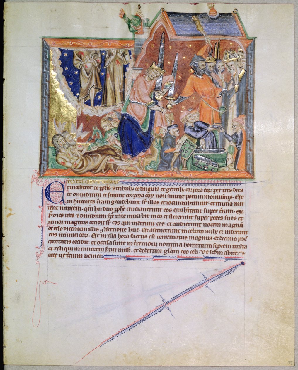 Pani L.A. 139-Lisboa fol.27 Świadkowie pozostają niepogrzebani, a ich dusze wznoszą się do Nieba, z Apokalipsy Gulbenkian, c.1265-70 autorstwa English School