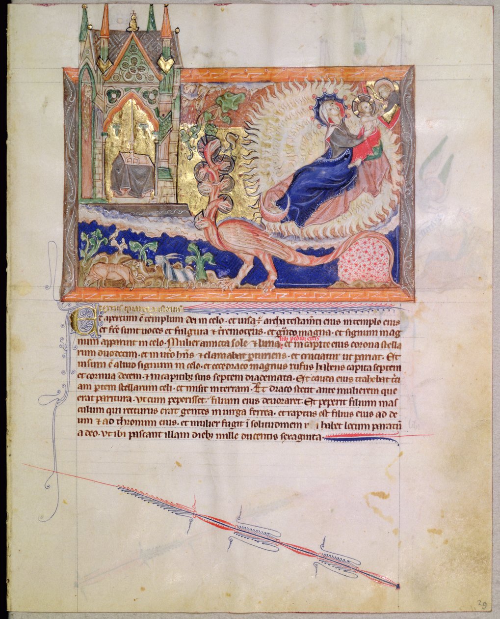 Ms L.A. 139-Lisboa fol.29 Bóg ratujący dziecko płci męskiej przed pożarciem przez czerwonego smoka, z Apokalipsy Gulbenkian, c.1265-70 autorstwa English School