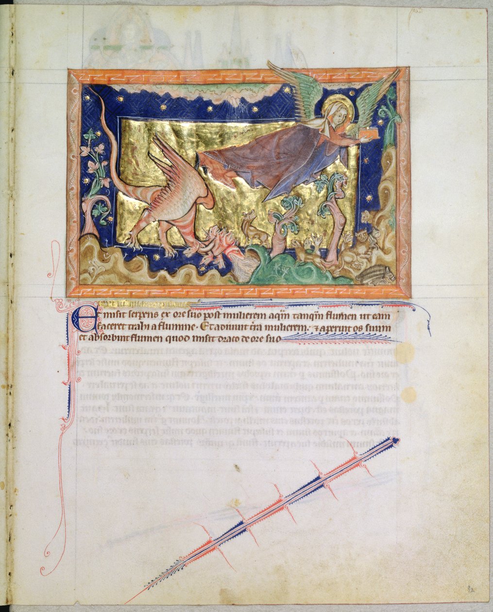 Ms L.A. 139-Lisboa fol.32 Kobieta odlatująca, gdy Ziemia połyka wodę wypluwaną przez czerwonego smoka, z Apokalipsy Gulbenkian, c.1265-70 autorstwa English School