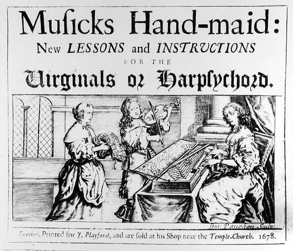 Musics Hand-Maid: Nowe lekcje i instrukcje dla wirikaliów lub klawesynów, grawerowane przez Giuseppe Vaughana, 1678 autorstwa English School