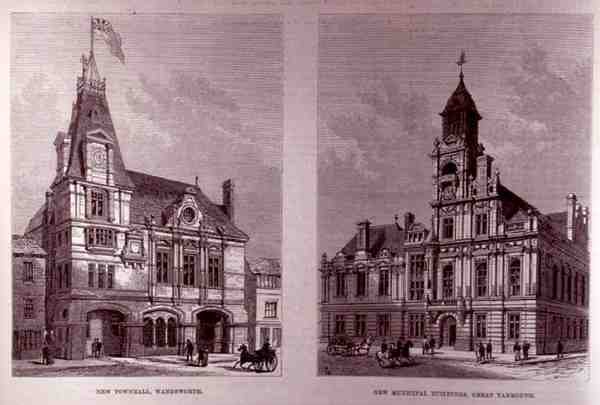 New Town Hall, Wandsworth i New Municipal Buildings, Great Yarmouth, z The Illustrated London News, 21 stycznia 1882 autorstwa English School