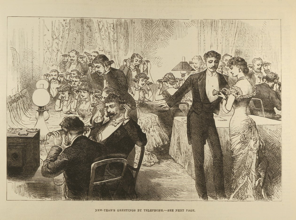 Telefoniczne życzenia noworoczne, z The Illustrated London News, 7 stycznia 1882 r. autorstwa English School