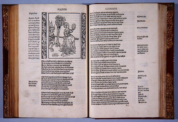 O apodyktycznej dumie, z książki Ten teraźniejszość zatytułowanej The shyp of folys, autorstwa Sebastiana Brandta, wydrukowanej przez Richarda Pynsona, 1509 (druk typograficzny i drzeworyt) autorstwa English School