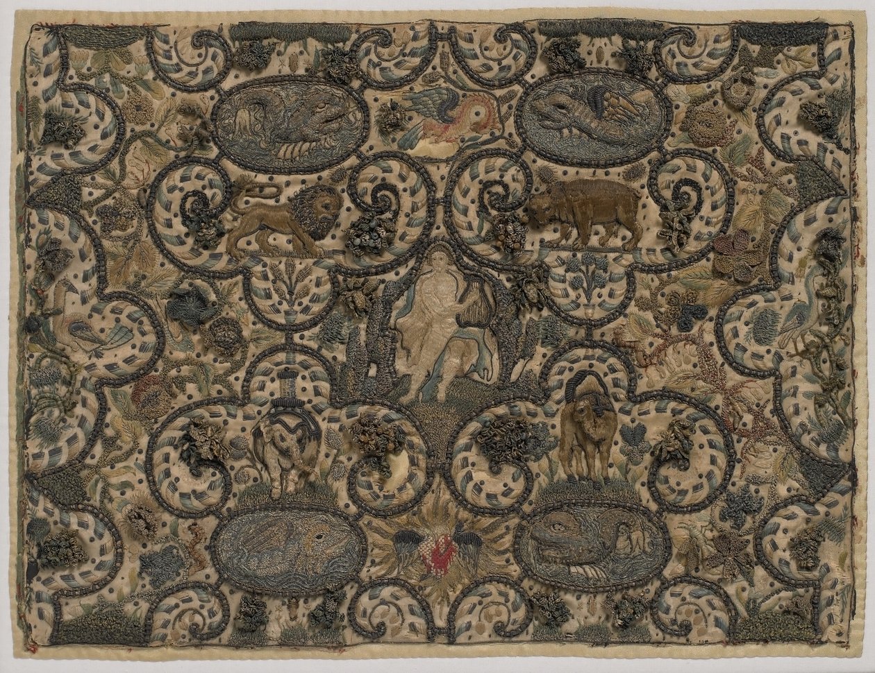 Orfeusz czarujący zwierzęta swoją lutnią, wypukły jedwabny haft, ok. 1630 r. (haft jedwabny) autorstwa English School