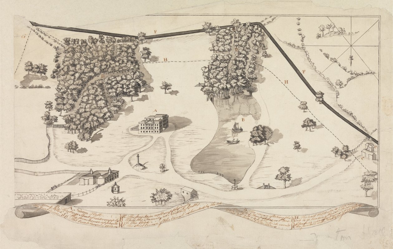 Plan parku przy Norton Hall, Norton Priory, ok. 1750-60 (pióro, czarny tusz i szara farba na papierze) autorstwa English School