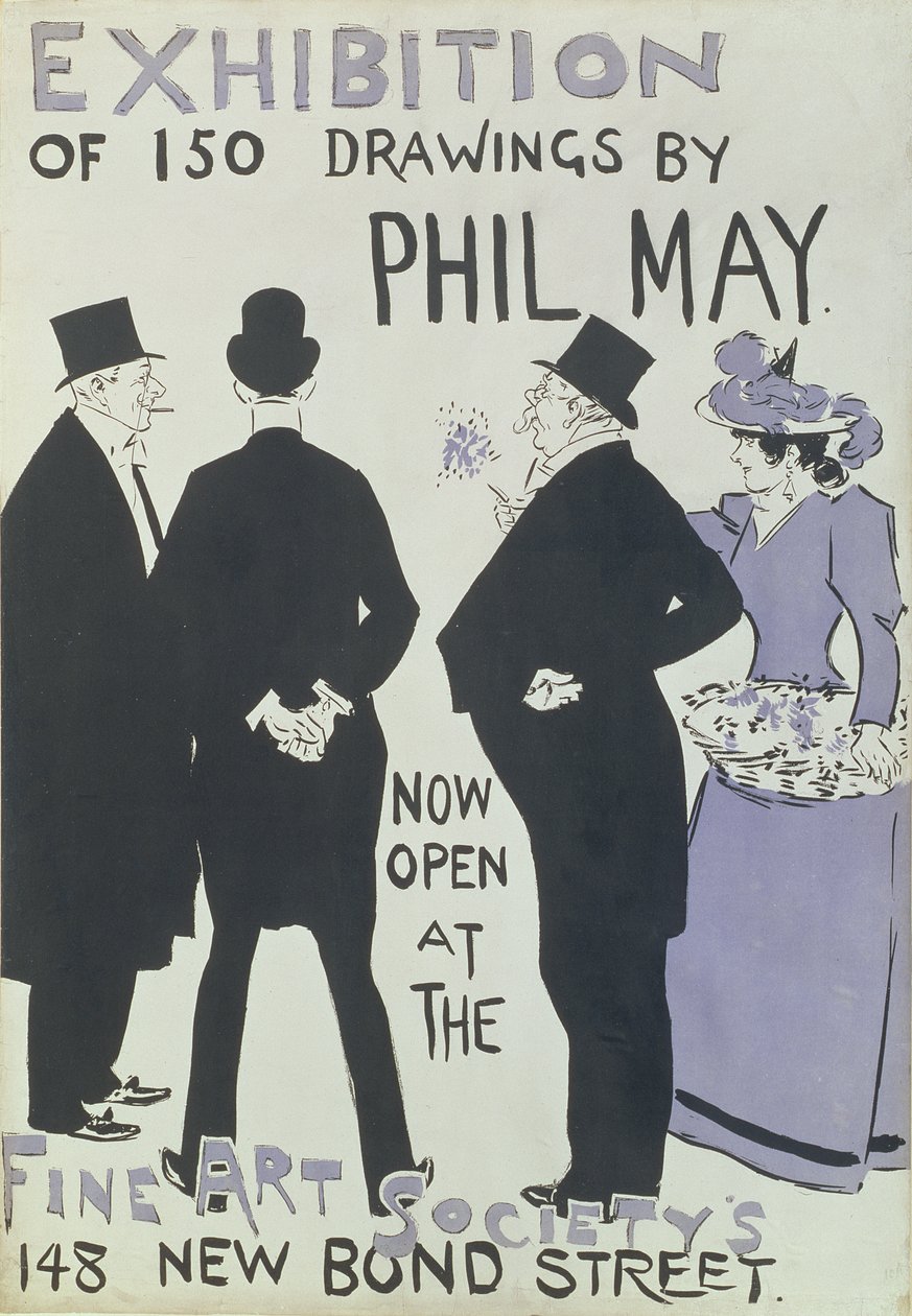 Plakat reklamujący wystawę 150 rysunków Phila Maya w Towarzystwie Sztuk Pięknych, New Bond Street, 1895 autorstwa English School