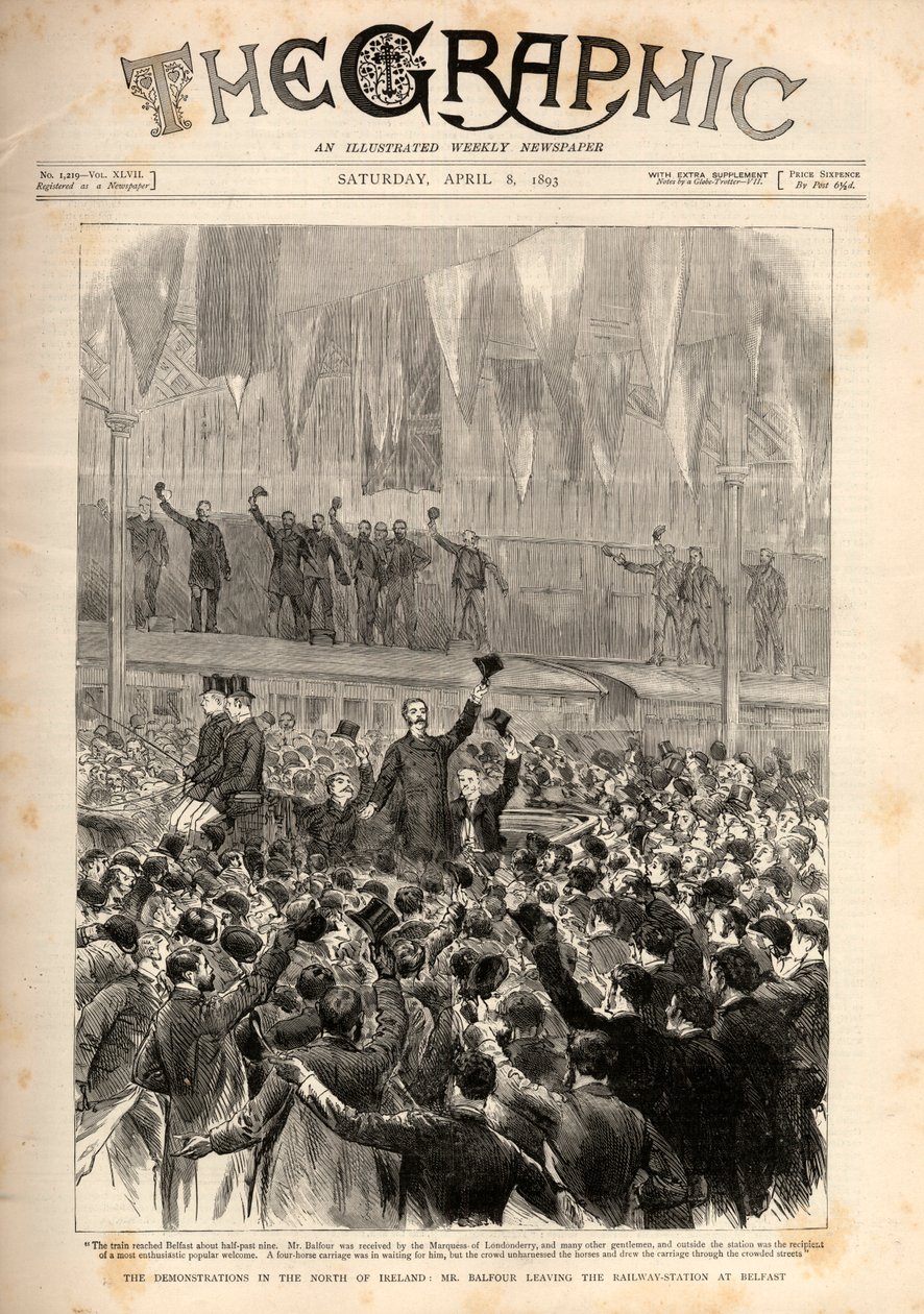 Protest przeciwko ustawie o zasadach samoistnych (wprowadzonej przez Gladstone) w Belfaście: Arthur James Balfour opuszcza stację kolejową w Belfaście. autorstwa English School