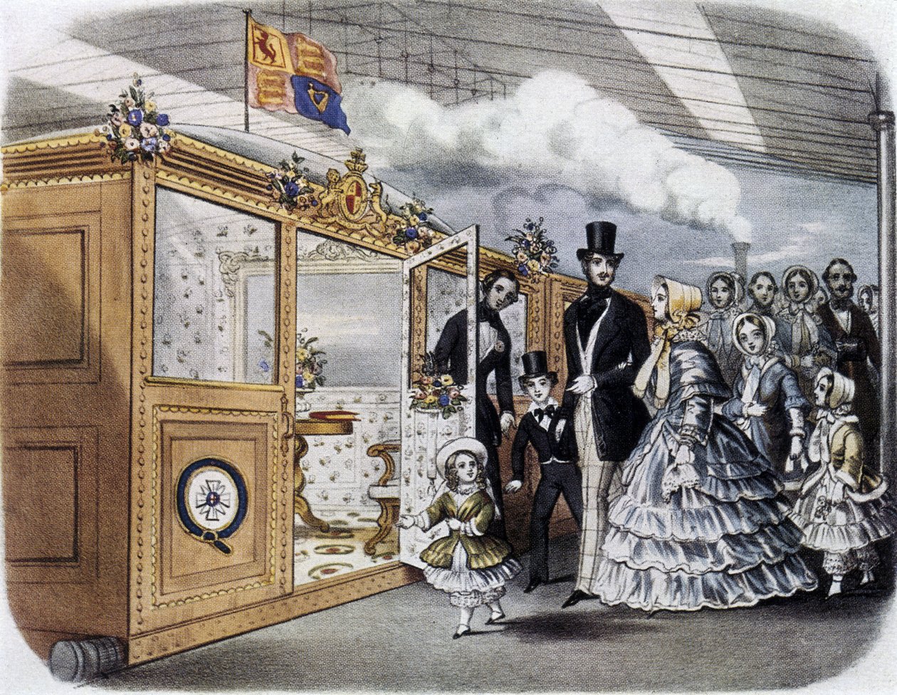 Królowa Wiktoria (1819-1901) i rodzina królewska wsiadają do pociągu do Szkocji autorstwa English School
