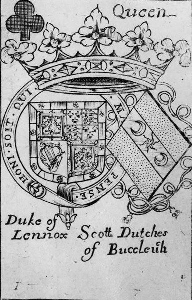 Karta do gry Dama pikowa przedstawiająca herb księcia Lennox i księżnej Buccleuch autorstwa English School