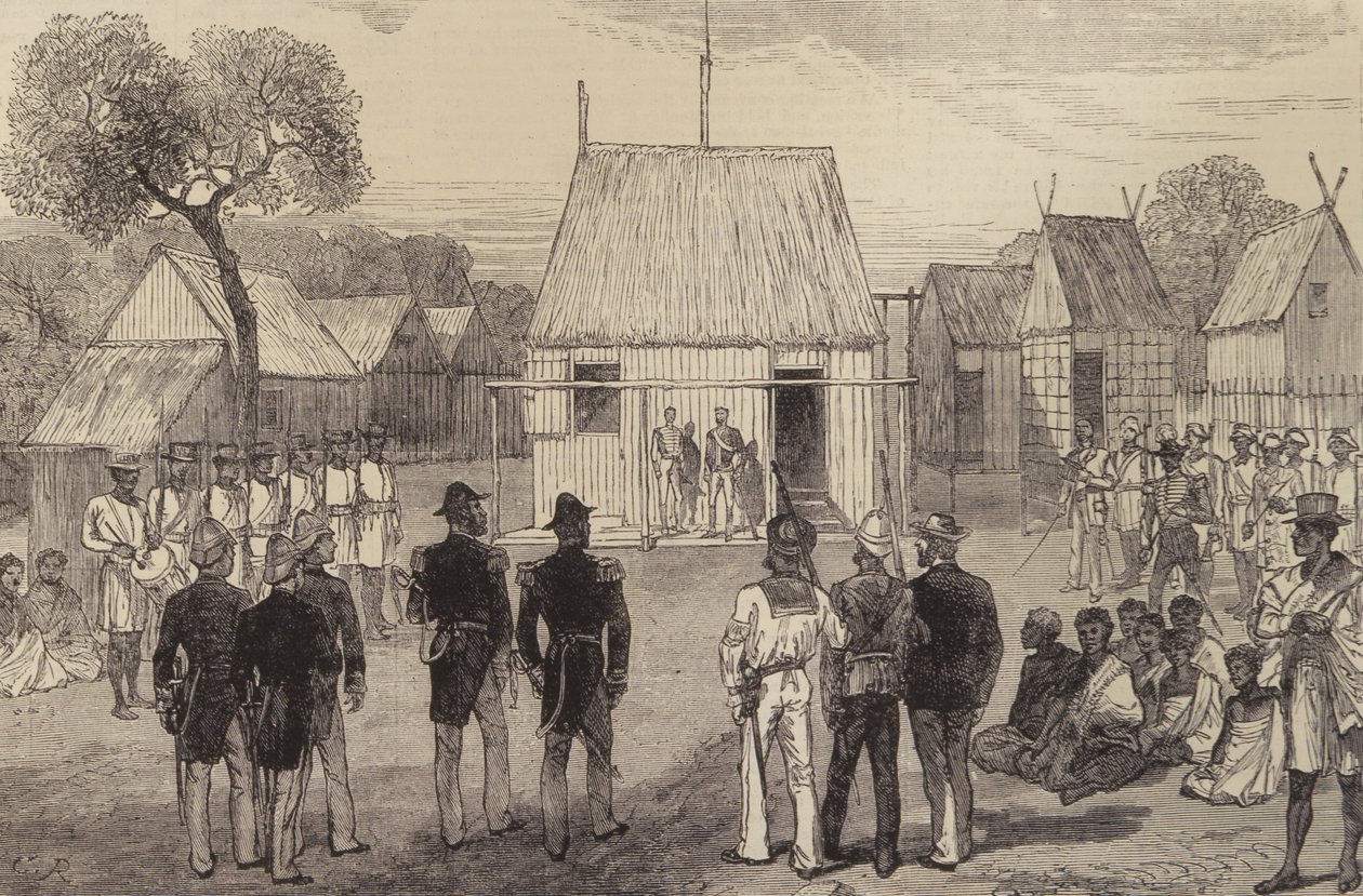 Przyjęcie brytyjskich oficerów marynarki przez tubylczego gubernatora Mohabo na Madagaskarze z The Illustrated London News, 26 listopada 1881 autorstwa English School