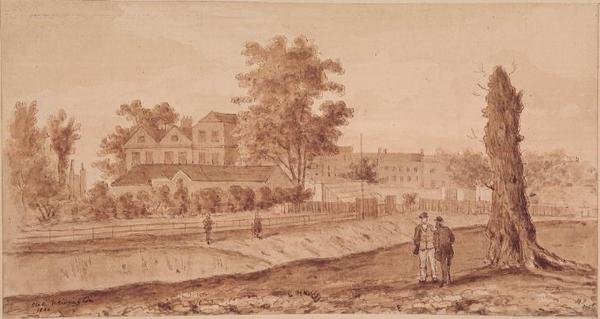 Stoke Newington Green, parafowany HF, 1860 (sepia) autorstwa English School