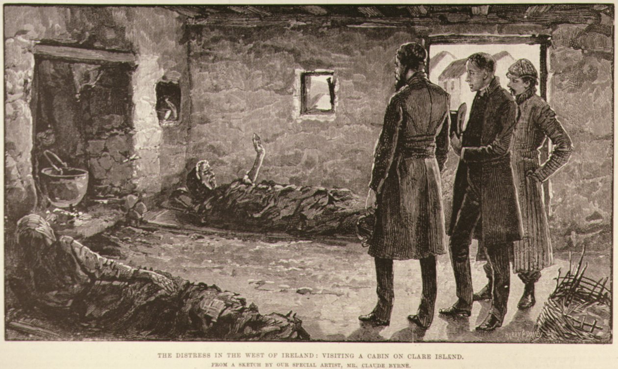 The Distress in the West of Ireland: Visiting a Cabin on Clare Island, z The Illustrated London News, 4 października 1886 autorstwa English School