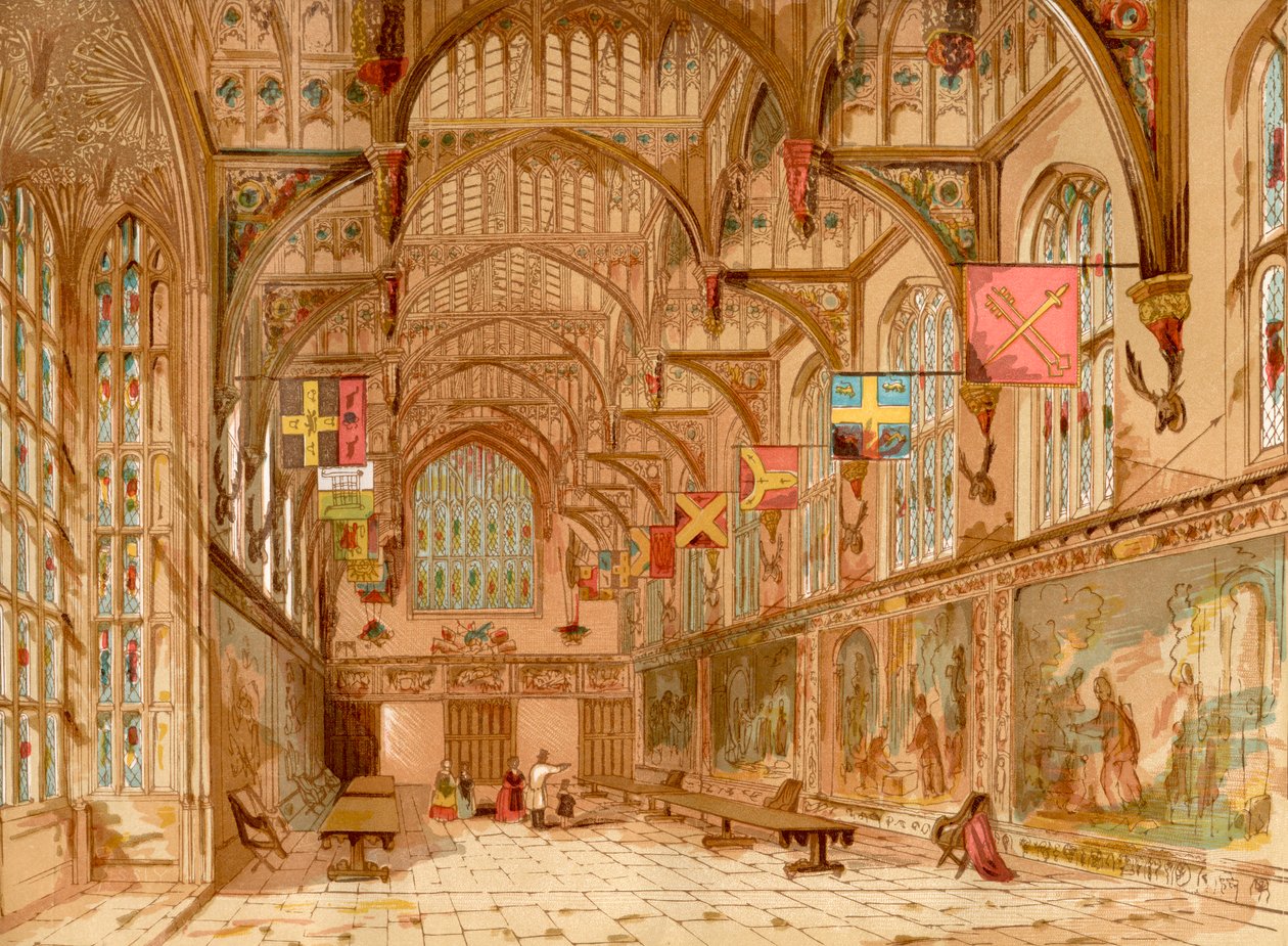 Wielka Sala, Pałac Hampton Court, Londyn, Anglia, z Old England: A Pictorial Museum, wyd. 1847 autorstwa English School