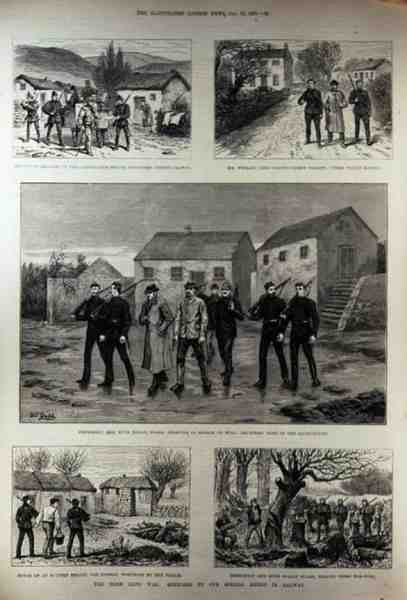 Irlandzka wojna lądowa: doręczanie wezwania do posiadłości Clanricarde, Woodford, hrabstwo Galway, z The Illustrated London News, 15 stycznia 1887 autorstwa English School