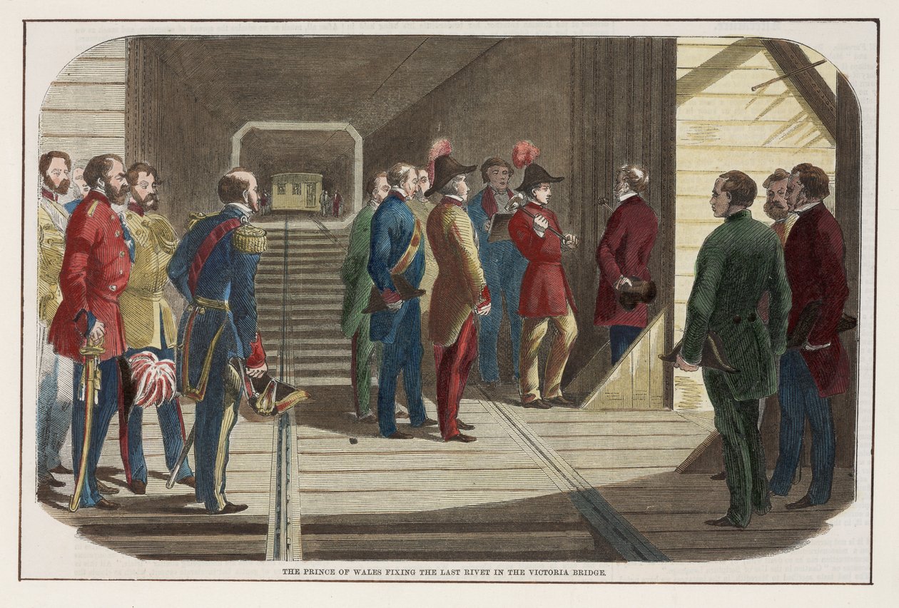 Książę Walii mocuje ostatni nit na moście Wiktorii, Kanada, 1860 autorstwa English School