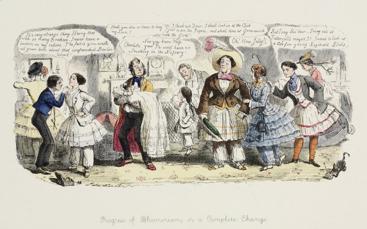 Postęp Bloomeryzmu lub całkowita zmiana z Punch, 1852 autorstwa English School