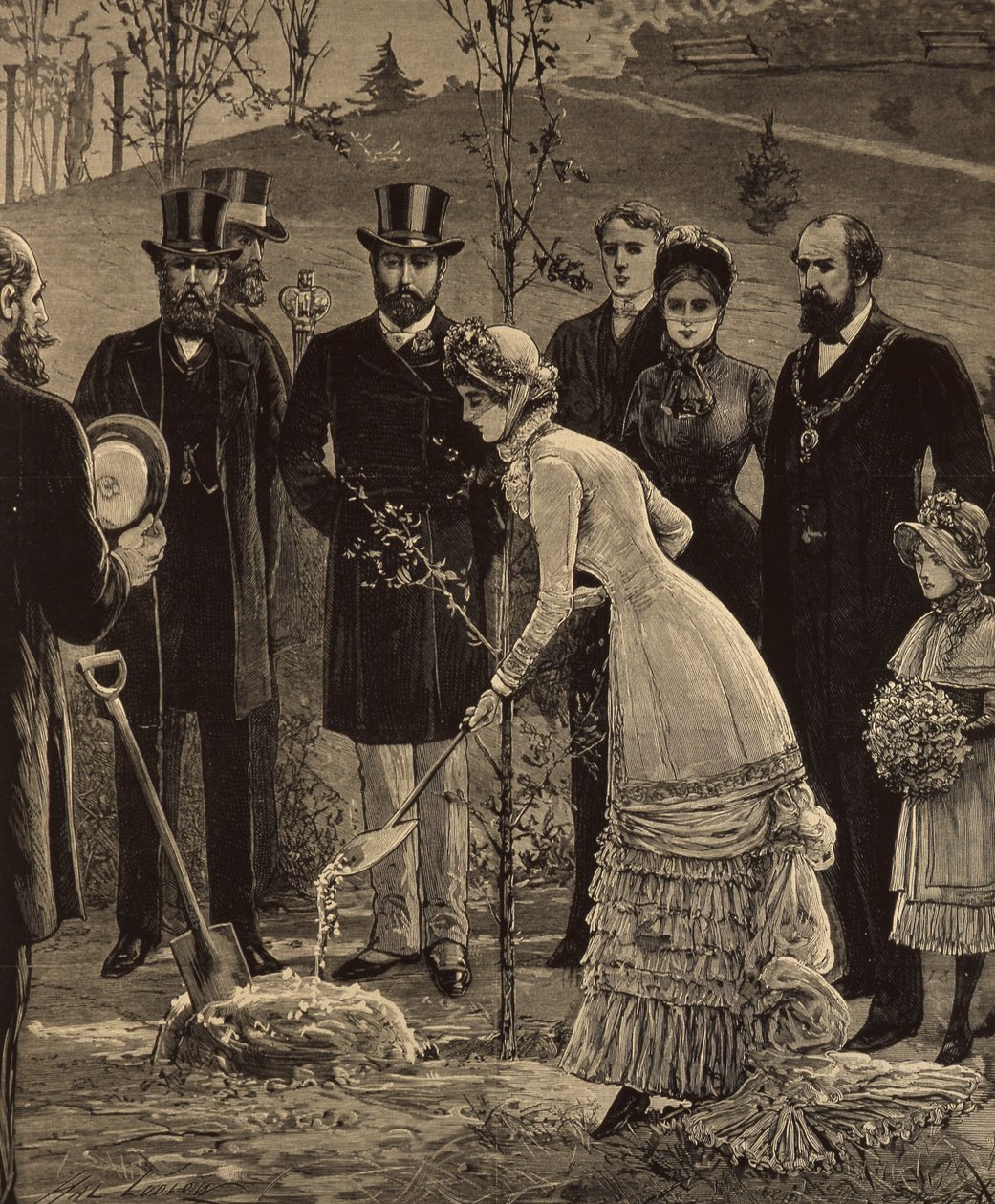 Królewska wizyta w Leicester: Księżniczka Walii sadzenie dębu w Abbey Park, z The Illustrated London News, 10 czerwca 1882 autorstwa English School