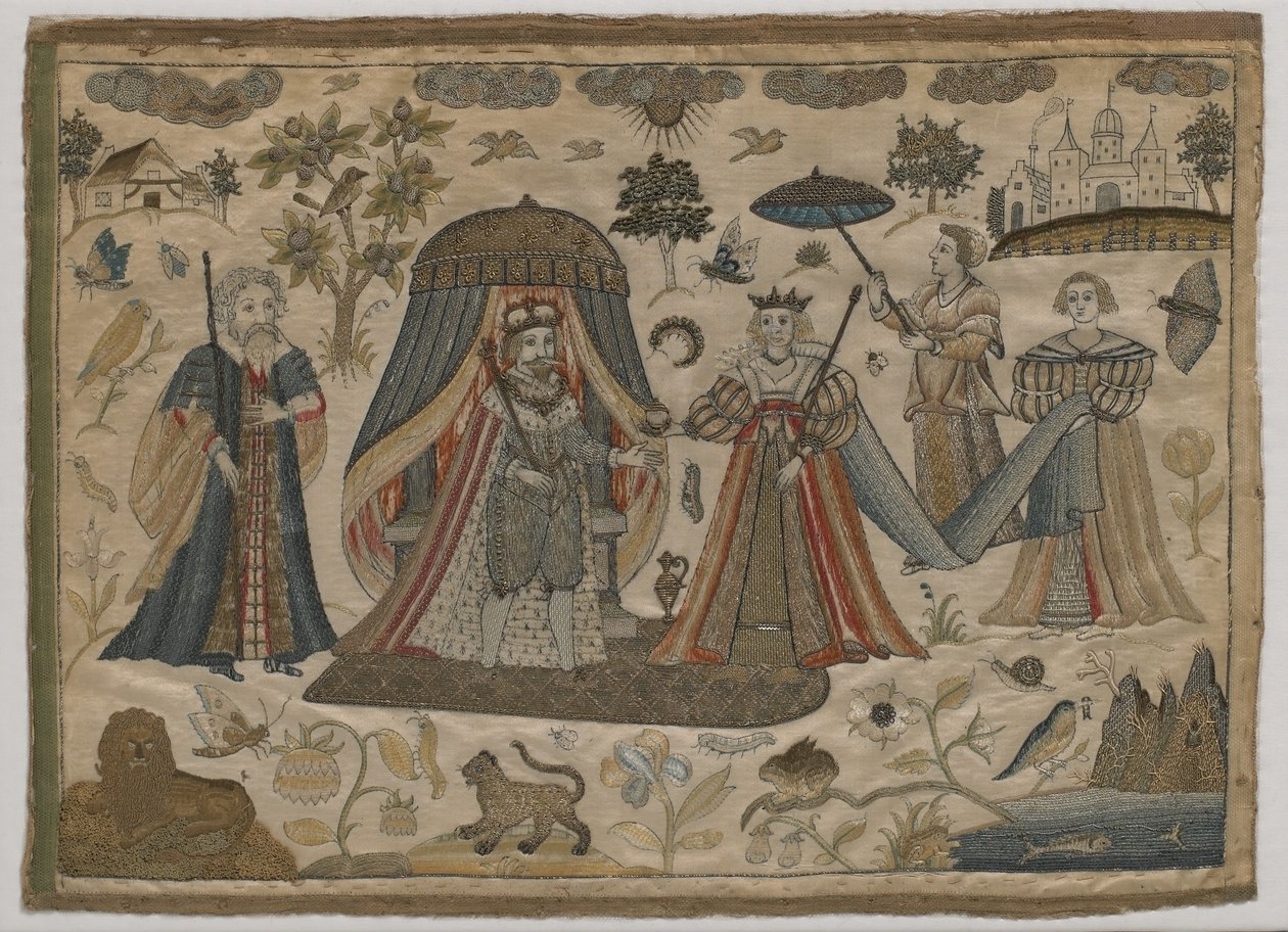 Spotkanie króla Salomona i królowej Saby, ok. 1650 (płaski jedwabny haft) autorstwa English School