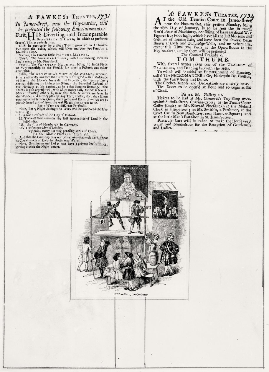 Dwie reklamy dotyczące Faux, Conjurer, ok. 1731-34 autorstwa English School