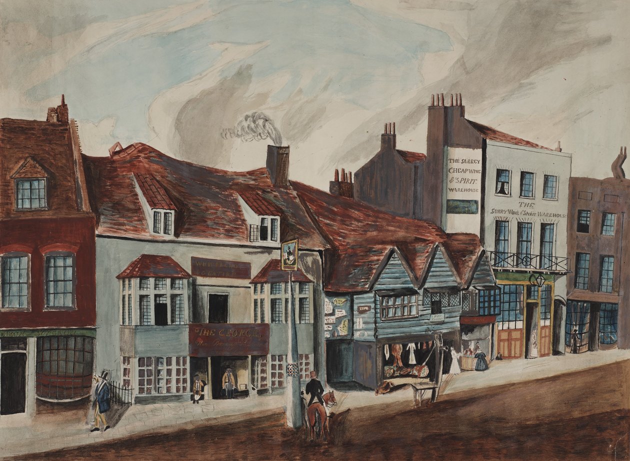 Widok na Newington Butts, Southwark, przedstawiający tawernę George i fronty sklepów, ok. 1825 r. (wc na papierze) autorstwa English School