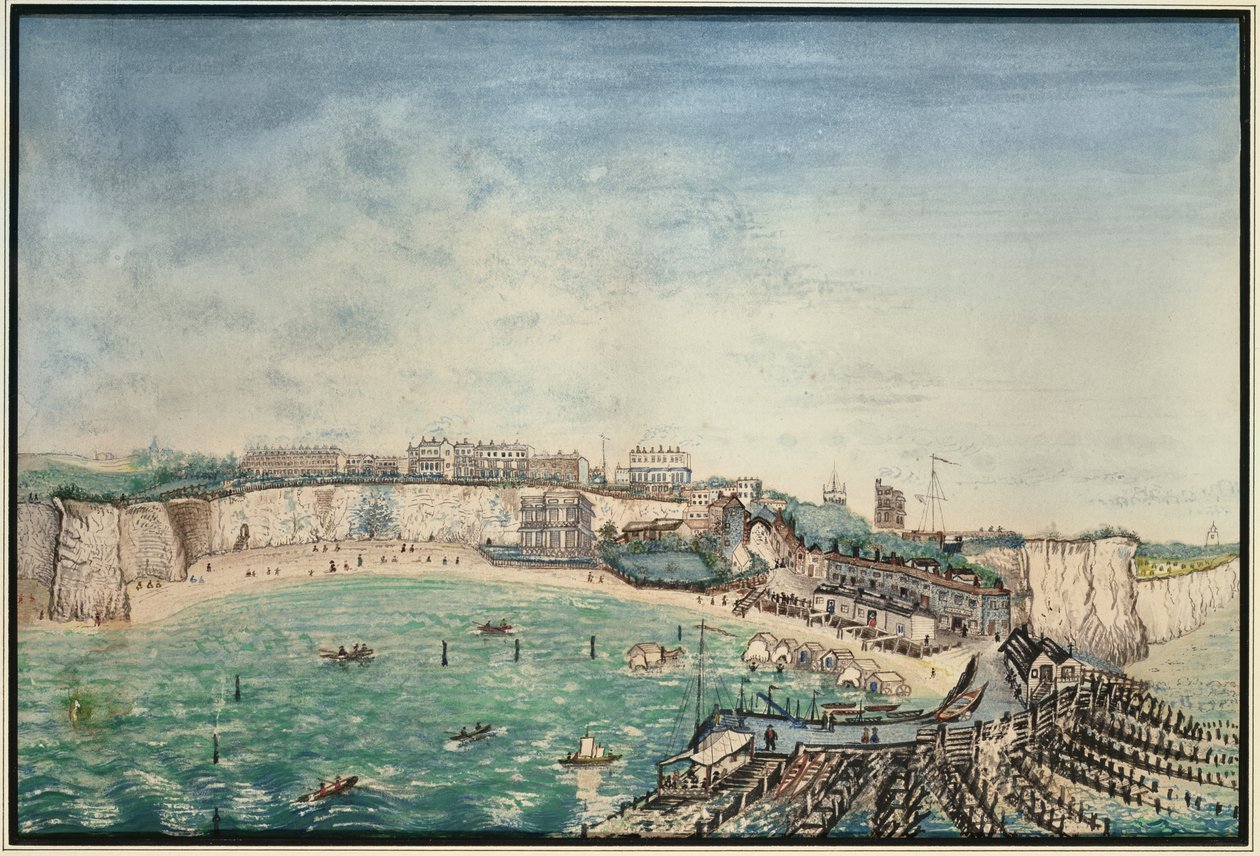 Widok na plażę i port w Broadstairs, Kent, ok. 1830 (wc na papierze) autorstwa English School
