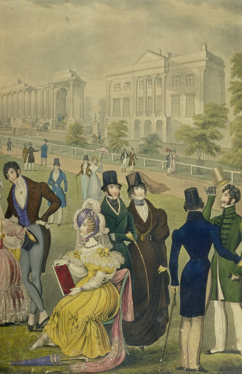 Widok na Green Park, Londyn, ukazujący modę tamtych czasów, fragment prawej strony, ok. 1830 (patrz także 122098) autorstwa English School