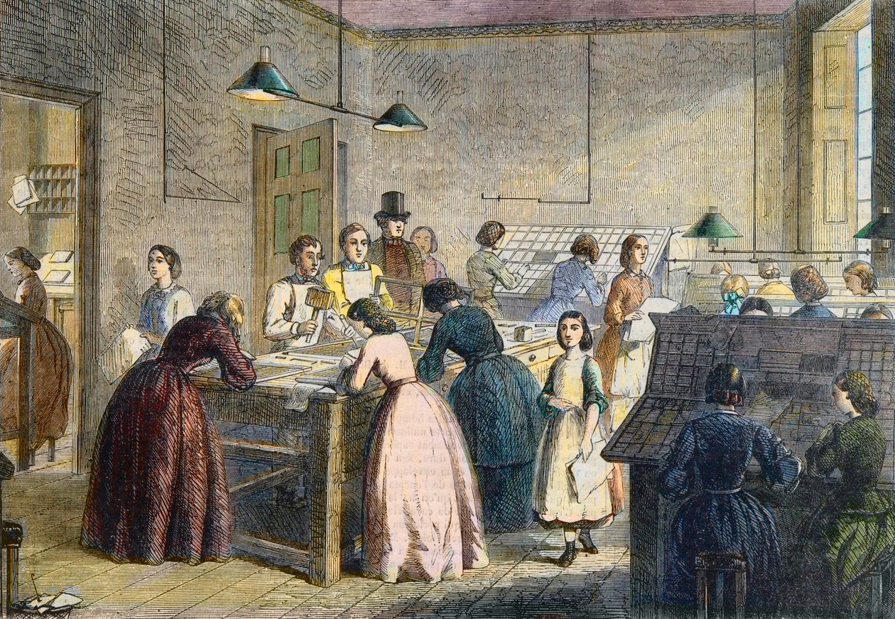 Kompozytorki w drukarni Victoria Press, Great Coram Street, Londyn, 1860 . autorstwa English School