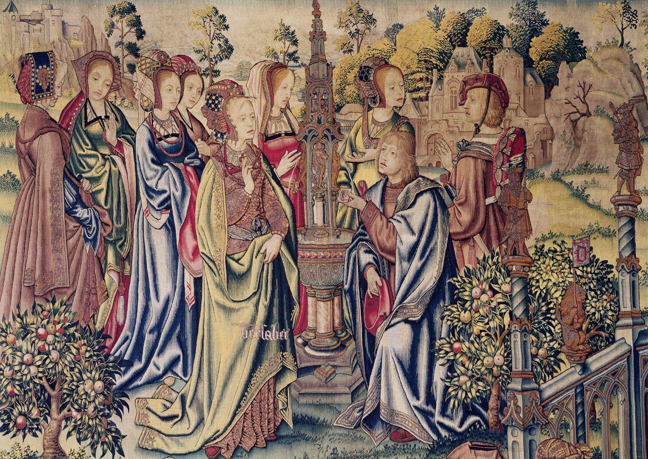 Batszeba przyjmuje przy fontannie dwóch posłańców od Dawida, ok. 1510-15 autorstwa Flemish School