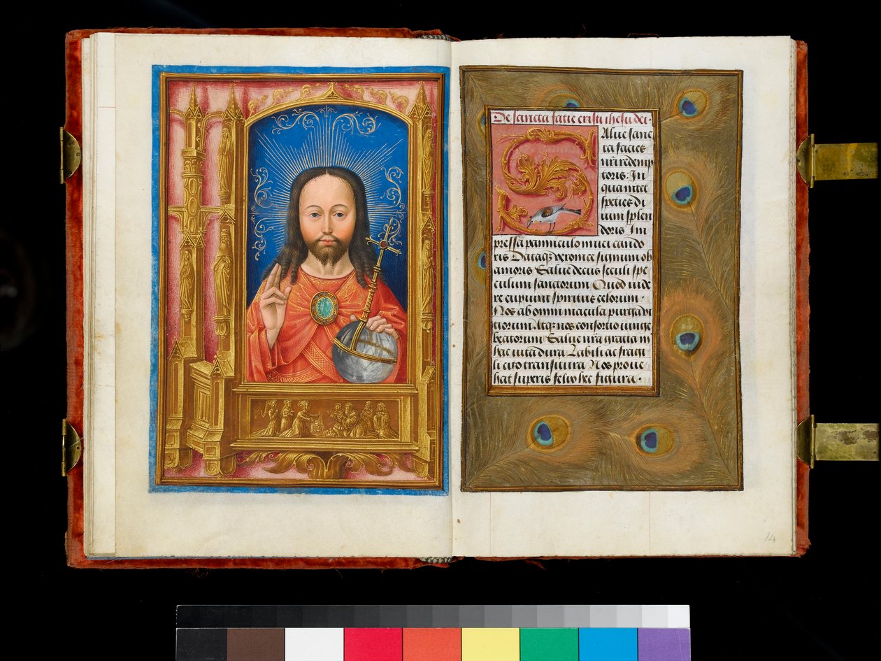 Ms 1058-1975 f.13v-14 Chrystus w majestacie nad panelem predelli przedstawiającym św. Weronikę pokazującą sudarium sześciu wiernym, obwódka z pawich piór, ok. 1500 autorstwa Flemish School