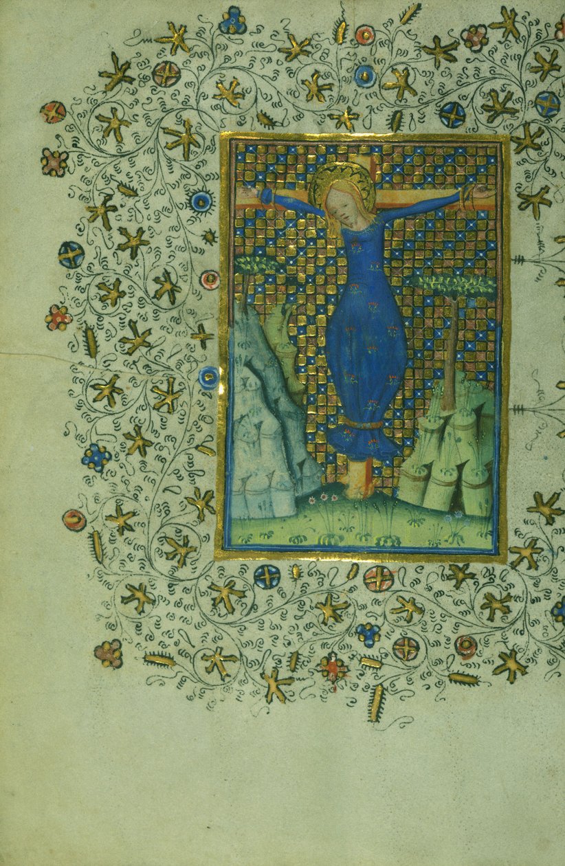 Święty Wilgefortis na krzyżu, ok. 1430-40 (tusz na pergaminie) autorstwa Flemish School