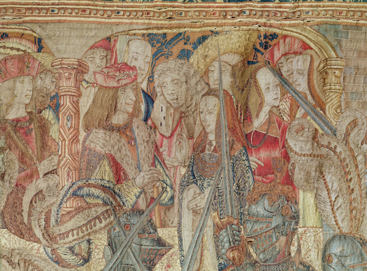 Turniej, gobelin na krośnie pionowym z warsztatu brukselskiego, detal trybuny z Karolem VII (1470-98) i Anną Bretańską (1477-1514), ok. 1497 (zob. też 156549) autorstwa Flemish School