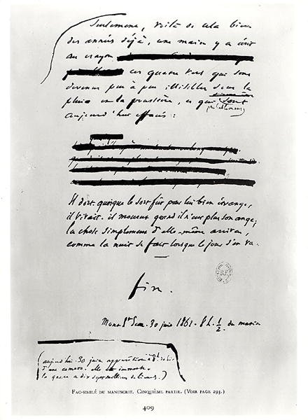 ... jak noc jest, gdy dzień mija. (fin), faksymile ostatniej strony rękopisu Les Miserables Victora Hugo (1802-85) 30 czerwca 1862 (pióro i atrament na papierze) autorstwa French School