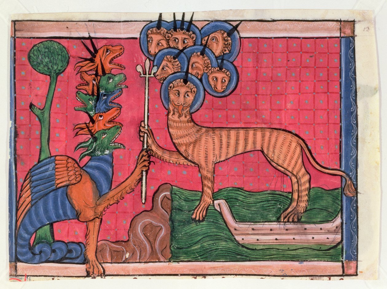 Apocalypse Miniatures: The Dragon Wing War i The Beast of the Sea, c.1295 (tempera na welinie) autorstwa French School