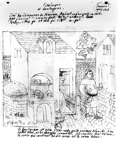 Baker and Bakery, narysowany po oryginalnej iluminacji do francuskiego przekładu Dekameronu Boccaccio (1313-75) wykonanego w 1414 r. (pióro i atrament na papierze) autorstwa French School
