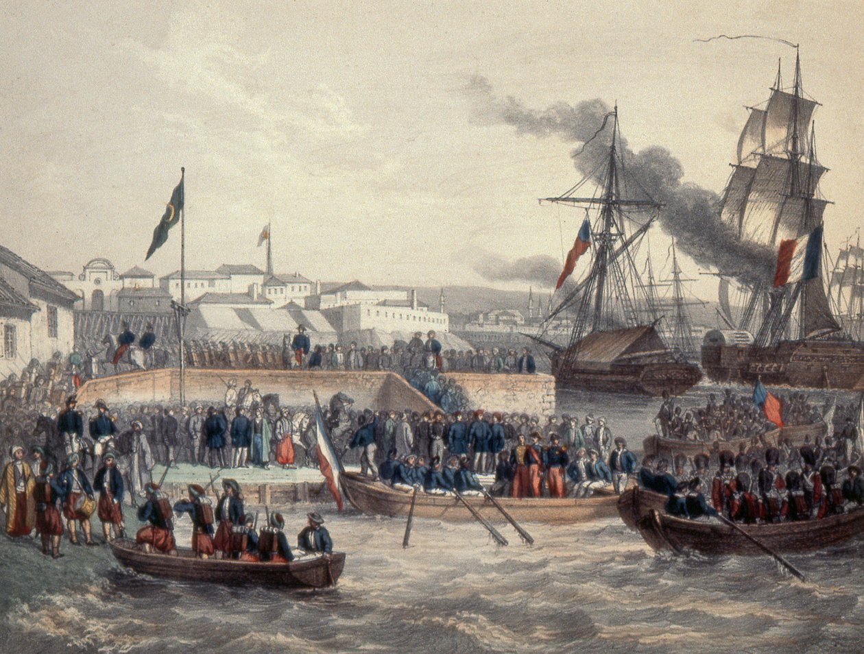 Wojska angielskie i francuskie wysiadające na rozkaz marszałka St Arnaud, 1854 r. autorstwa French School