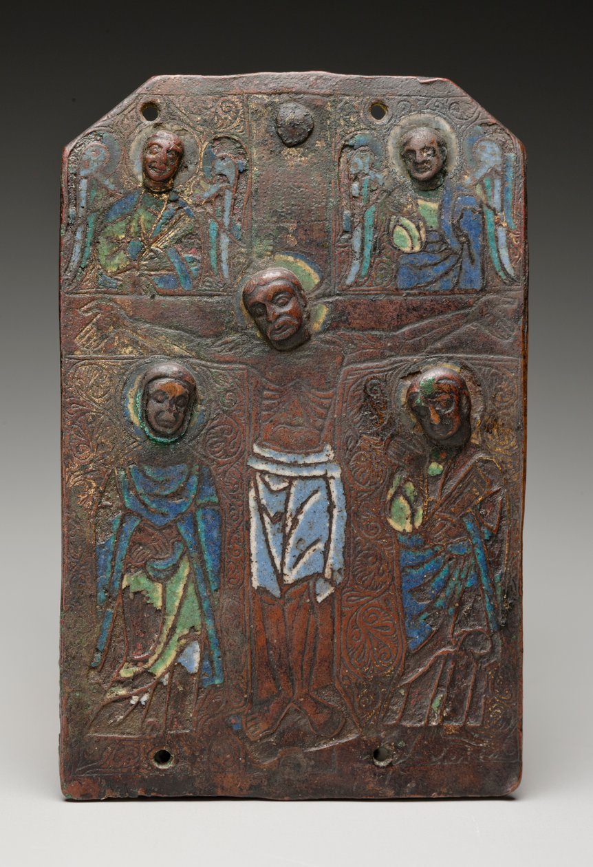 Fragment tablicy z relikwiarza przedstawiającego ukrzyżowanie, 11751200 (emalia champlemowa na miedzi ze śladami złocenia) autorstwa French School