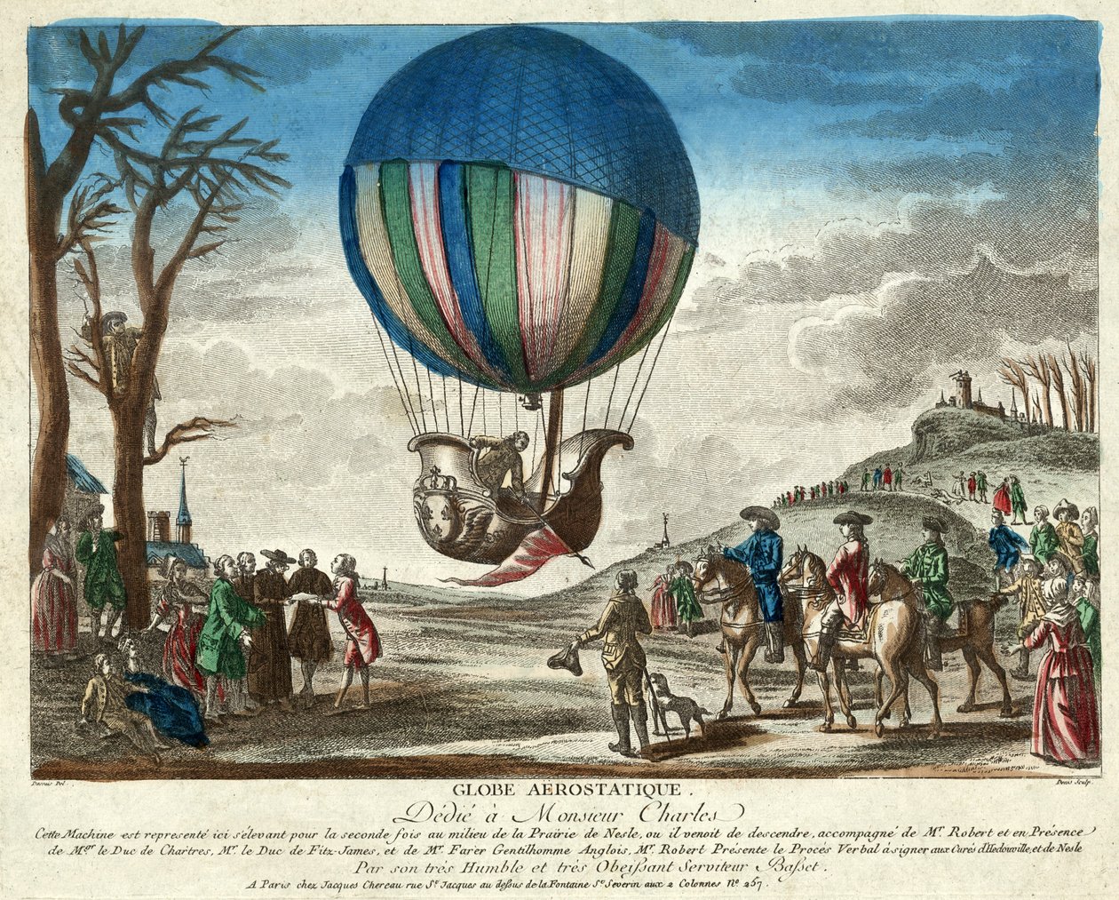 Aerostatic Globe, Dedykowany Monsieur Charles, wyd. 1783 (grawerowanie ręcznie kolorowane) autorstwa French School