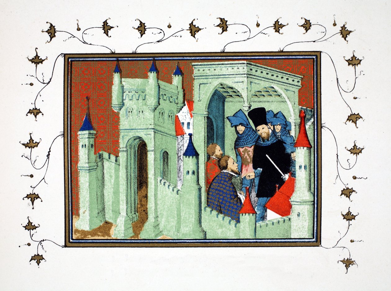 Wnętrze zamku w Chester, gdy książęta Exeter i Surrey przekazują królewską wiadomość księciu Lancaster, faksymile z Le Prinse et Mort du Roy Richart autorstwa Jeana Cretona, przedruk XIX w. autorstwa French School