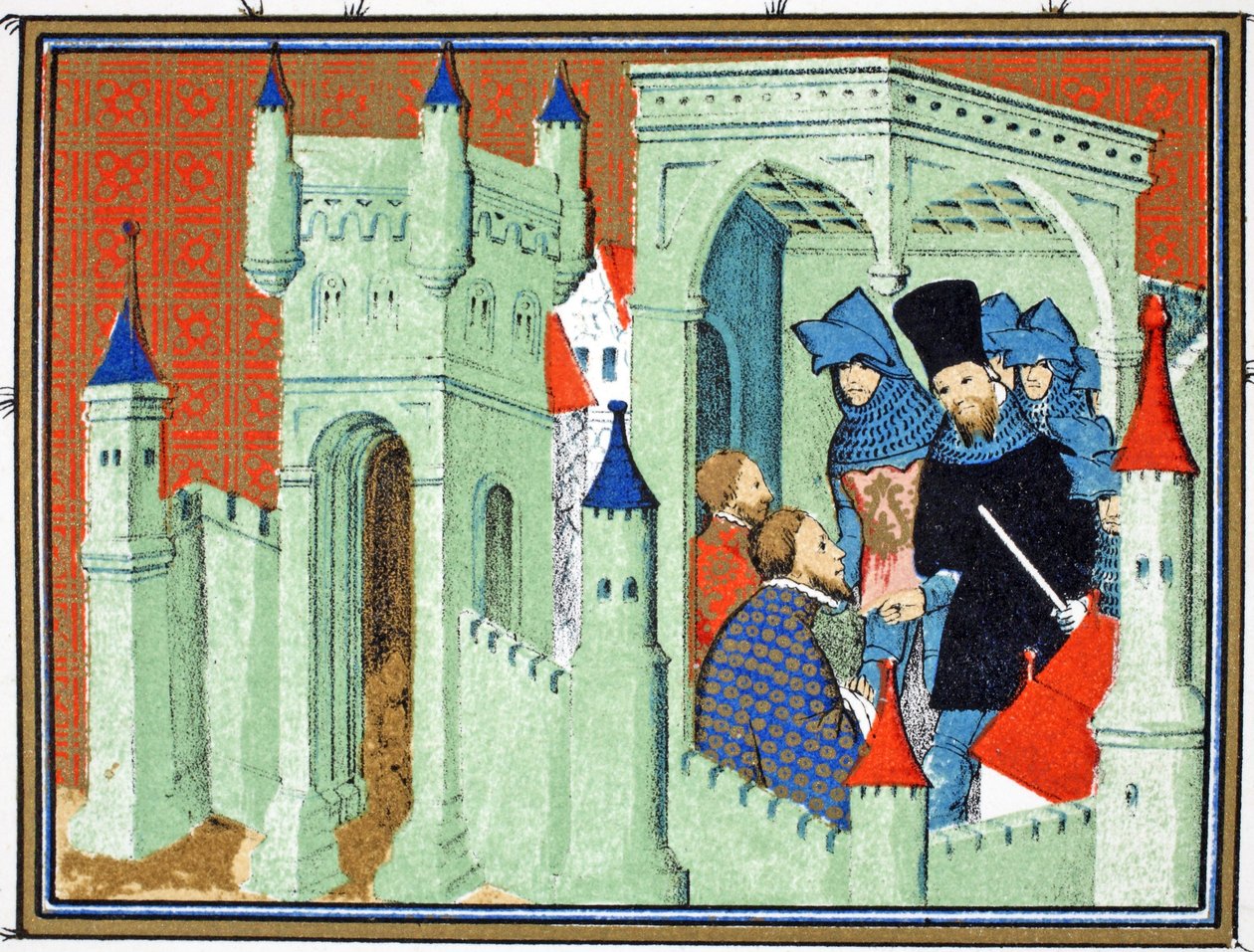 Wnętrze zamku w Chester, gdy książęta Exeter i Surrey przekazują królewską wiadomość księciu Lancaster, faksymile z Le Prinse et Mort du Roy Richart autorstwa Jeana Cretona, przedruk XIX w. autorstwa French School