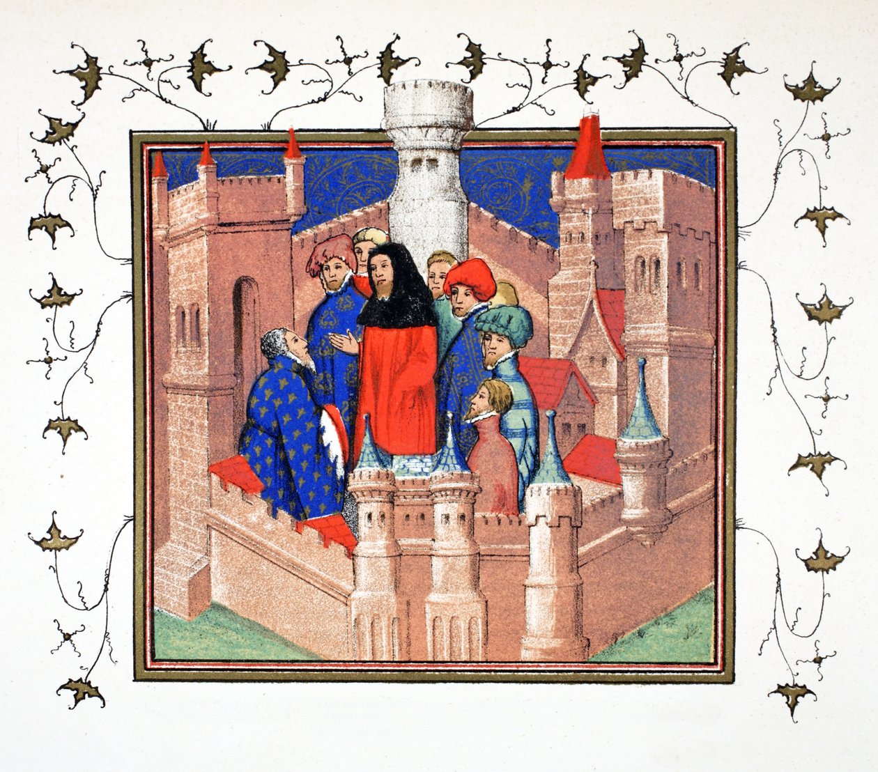 Wnętrze zamku Conway i hrabiego Northumberland przekazującego swoją fałszywą wiadomość Ryszardowi II, faksymile z Le Prinse et Mort du Roy Richart Jeana Cretona, przedruk z XIX wieku (kolor autorstwa French School